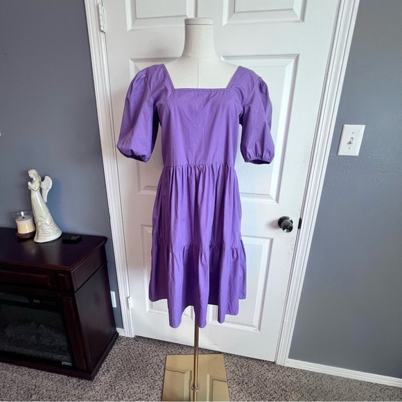 Maude Vivante Square Neck Puff Sleeves Tiered Skirt 100% Cotton Purple Dress‎ S - Picture 2 of 13